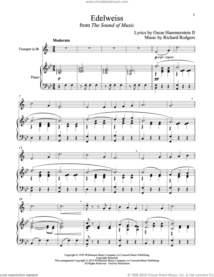 Edelweiss (from The Sound of Music) sheet music for trumpet and piano by Richard Rodgers, Oscar II Hammerstein and Rodgers & Hammerstein, intermediate skill level