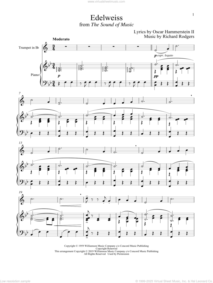 Edelweiss (from The Sound of Music) sheet music for trumpet and piano by Richard Rodgers, Oscar II Hammerstein and Rodgers & Hammerstein, intermediate skill level