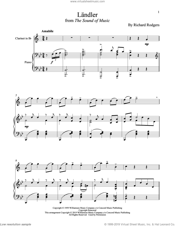 Landler (from The Sound of Music) sheet music for clarinet and piano by Richard Rodgers, Oscar II Hammerstein and Rodgers & Hammerstein, intermediate skill level