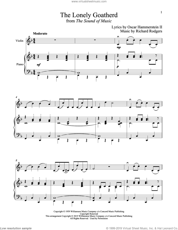 The Lonely Goatherd (from The Sound of Music) sheet music for violin and piano by Richard Rodgers, Oscar II Hammerstein and Rodgers & Hammerstein, intermediate skill level