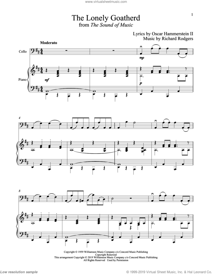 The Lonely Goatherd (from The Sound of Music) sheet music for cello and piano by Richard Rodgers, Oscar II Hammerstein and Rodgers & Hammerstein, intermediate skill level