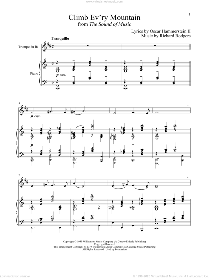 Climb Ev'ry Mountain (from The Sound of Music) sheet music for trumpet and piano by Richard Rodgers, Oscar II Hammerstein and Rodgers & Hammerstein, intermediate skill level