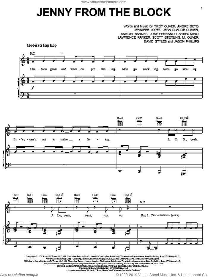 Jenny From The Block sheet music for voice, piano or guitar by Jennifer Lopez, Jadakiss, Styles, Andre Deyo and Troy Oliver, intermediate skill level
