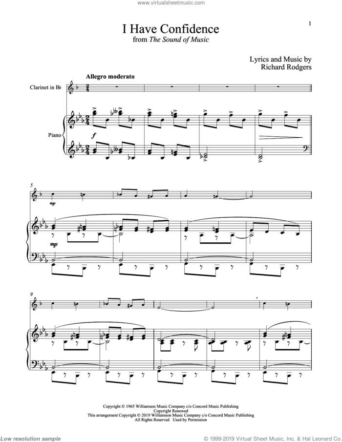 I Have Confidence (from The Sound of Music) sheet music for clarinet and piano by Richard Rodgers, Oscar II Hammerstein and Rodgers & Hammerstein, intermediate skill level