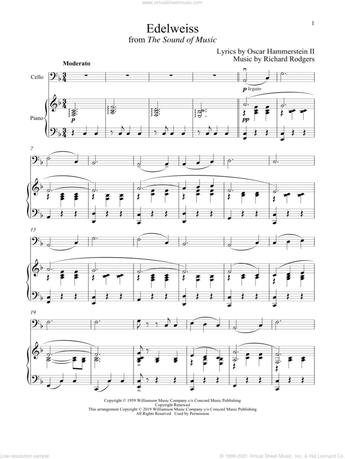 Edelweiss (from The Sound of Music) sheet music for cello and piano by Richard Rodgers, Oscar II Hammerstein and Rodgers & Hammerstein, intermediate skill level