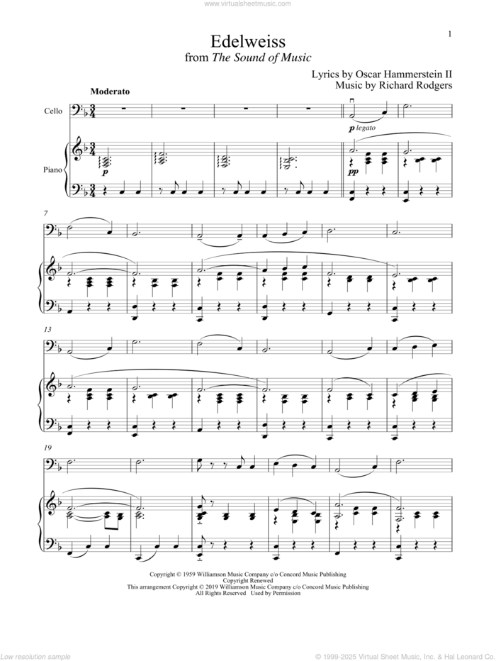 Edelweiss (from The Sound of Music) sheet music for cello and piano by Richard Rodgers, Oscar II Hammerstein and Rodgers & Hammerstein, intermediate skill level