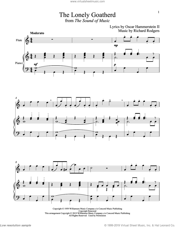 The Lonely Goatherd (from The Sound of Music) sheet music for flute and piano by Richard Rodgers, Oscar II Hammerstein and Rodgers & Hammerstein, intermediate skill level