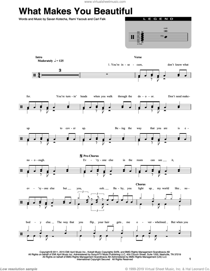 What Makes You Beautiful sheet music for drums by One Direction, Carl Falk, Rami and Savan Kotecha, intermediate skill level