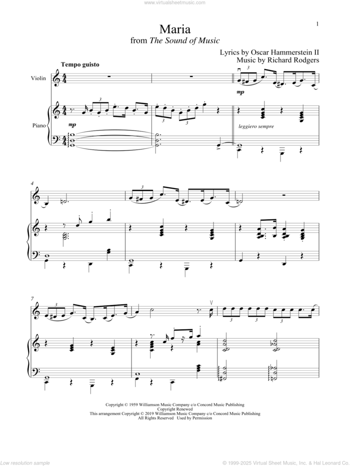 Maria (from The Sound of Music) sheet music for violin and piano by Richard Rodgers, Oscar II Hammerstein and Rodgers & Hammerstein, intermediate skill level