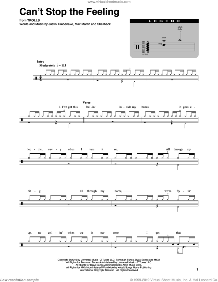 Can't Stop The Feeling! sheet music for drums by Justin Timberlake, Johan Schuster, Max Martin and Shellback, intermediate skill level