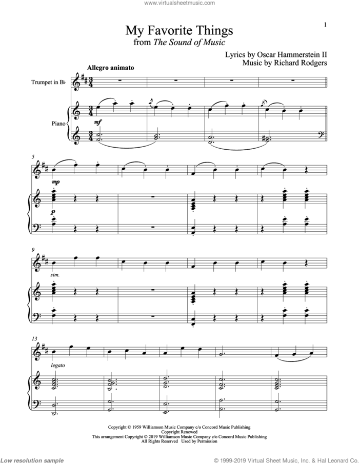 My Favorite Things (from The Sound of Music) sheet music for trumpet and piano by Richard Rodgers, Oscar II Hammerstein and Rodgers & Hammerstein, intermediate skill level