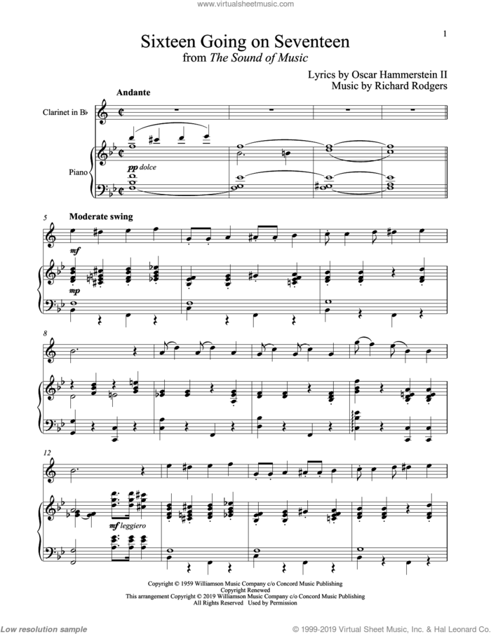 Sixteen Going On Seventeen (from The Sound of Music) sheet music for clarinet and piano by Richard Rodgers, Oscar II Hammerstein and Rodgers & Hammerstein, intermediate skill level