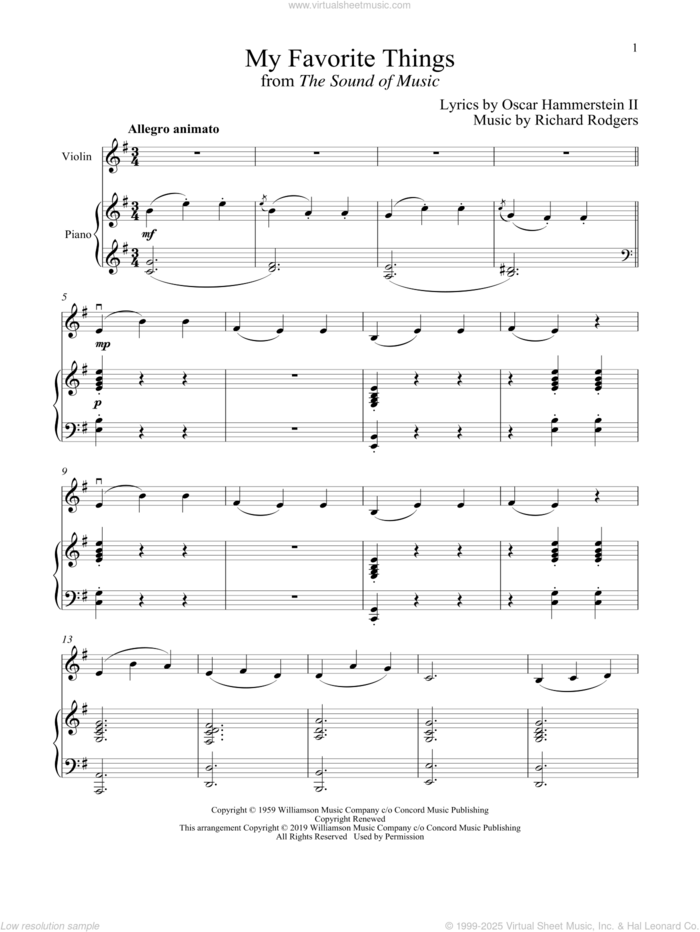 My Favorite Things (from The Sound of Music) sheet music for violin and piano by Richard Rodgers, Oscar II Hammerstein and Rodgers & Hammerstein, intermediate skill level