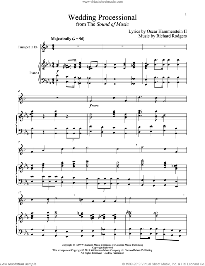 Wedding Processional (from The Sound of Music) sheet music for trumpet and piano by Richard Rodgers, Oscar II Hammerstein and Rodgers & Hammerstein, wedding score, intermediate skill level