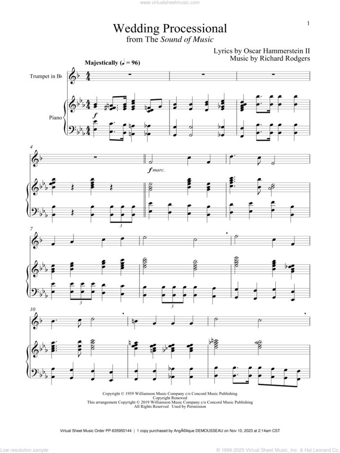 Wedding Processional (from The Sound of Music) sheet music for trumpet and piano by Richard Rodgers, Oscar II Hammerstein and Rodgers & Hammerstein, wedding score, intermediate skill level