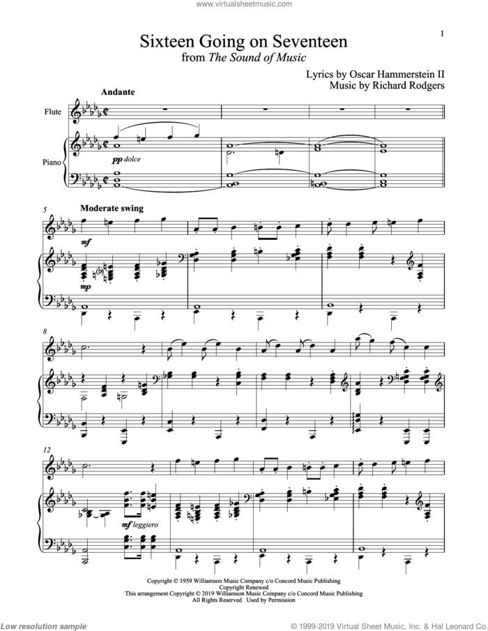 Sixteen Going On Seventeen (from The Sound of Music) sheet music for flute and piano by Richard Rodgers, Oscar II Hammerstein and Rodgers & Hammerstein, intermediate skill level