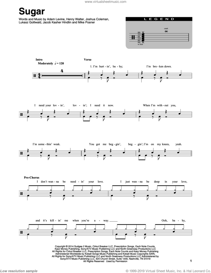 Sugar sheet music for drums by Maroon 5, Adam Levine, Henry Walter, Jacob Kasher Hindlin, Joshua Coleman, Lukasz Gottwald and Mike Posner, intermediate skill level