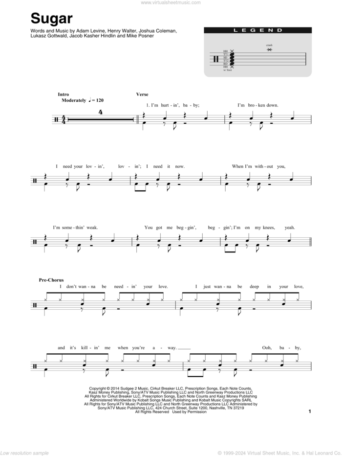 Sugar sheet music for drums by Maroon 5, Adam Levine, Henry Walter, Jacob Kasher Hindlin, Joshua Coleman, Lukasz Gottwald and Mike Posner, intermediate skill level