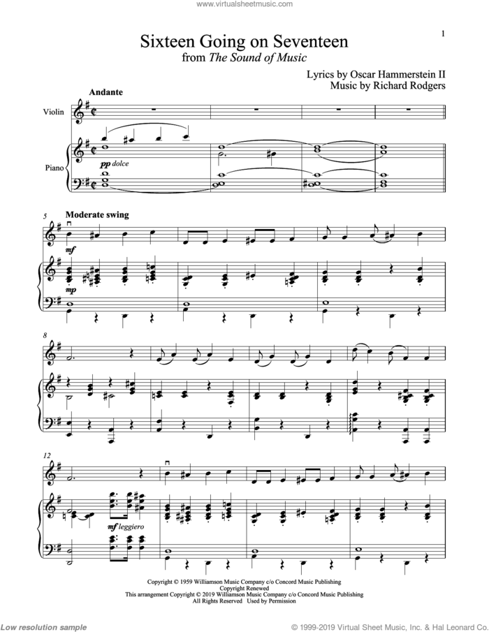 Sixteen Going On Seventeen (from The Sound of Music) sheet music for violin and piano by Richard Rodgers, Oscar II Hammerstein and Rodgers & Hammerstein, intermediate skill level