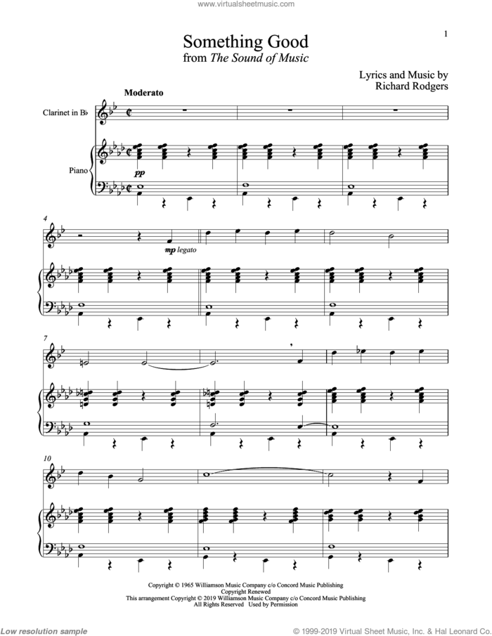 Something Good (from The Sound of Music) sheet music for clarinet and piano by Richard Rodgers, Oscar II Hammerstein and Rodgers & Hammerstein, intermediate skill level