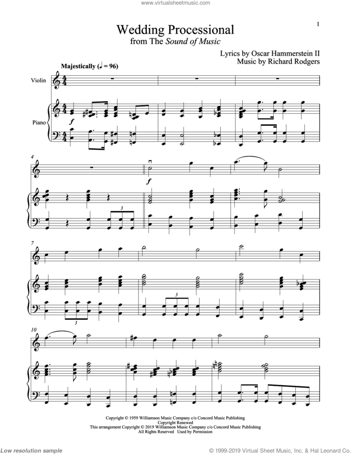 Wedding Processional (from The Sound of Music) sheet music for violin and piano by Richard Rodgers, Oscar II Hammerstein and Rodgers & Hammerstein, wedding score, intermediate skill level