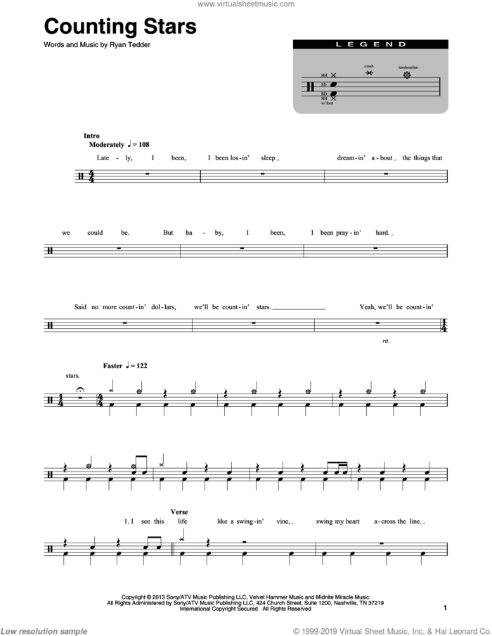 Counting Stars sheet music for drums by OneRepublic and Ryan Tedder, intermediate skill level