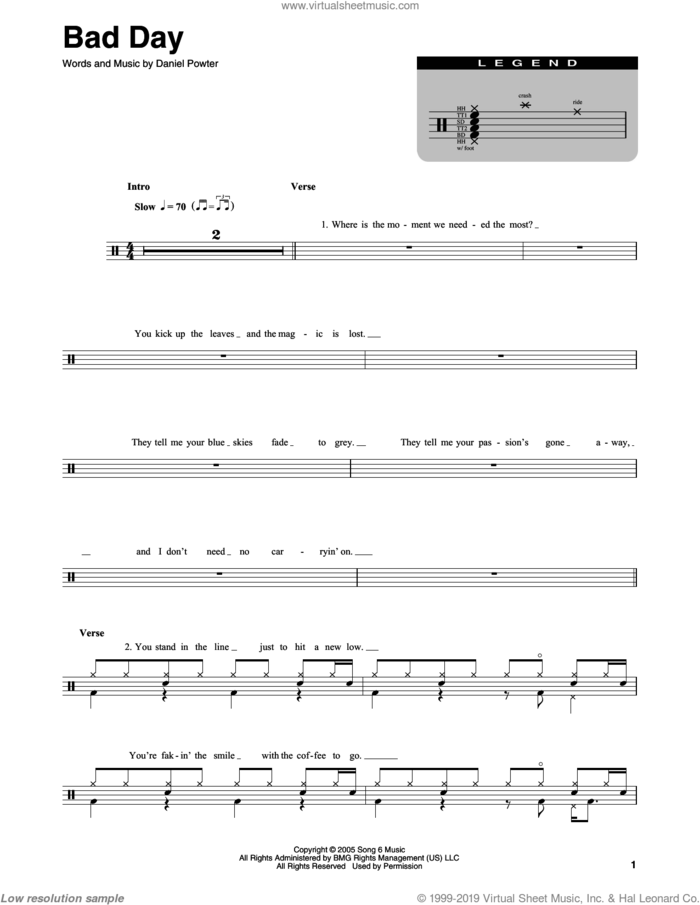 Bad Day sheet music for drums by Daniel Powter, intermediate skill level