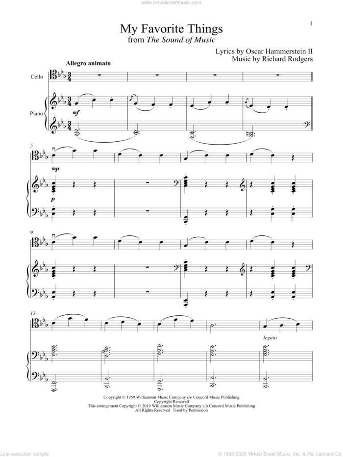 My Favorite Things (from The Sound of Music) sheet music for cello and piano by Richard Rodgers, Oscar II Hammerstein and Rodgers & Hammerstein, intermediate skill level