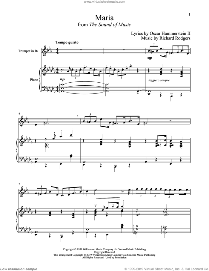 Maria (from The Sound of Music) sheet music for trumpet and piano by Richard Rodgers, Oscar II Hammerstein and Rodgers & Hammerstein, intermediate skill level