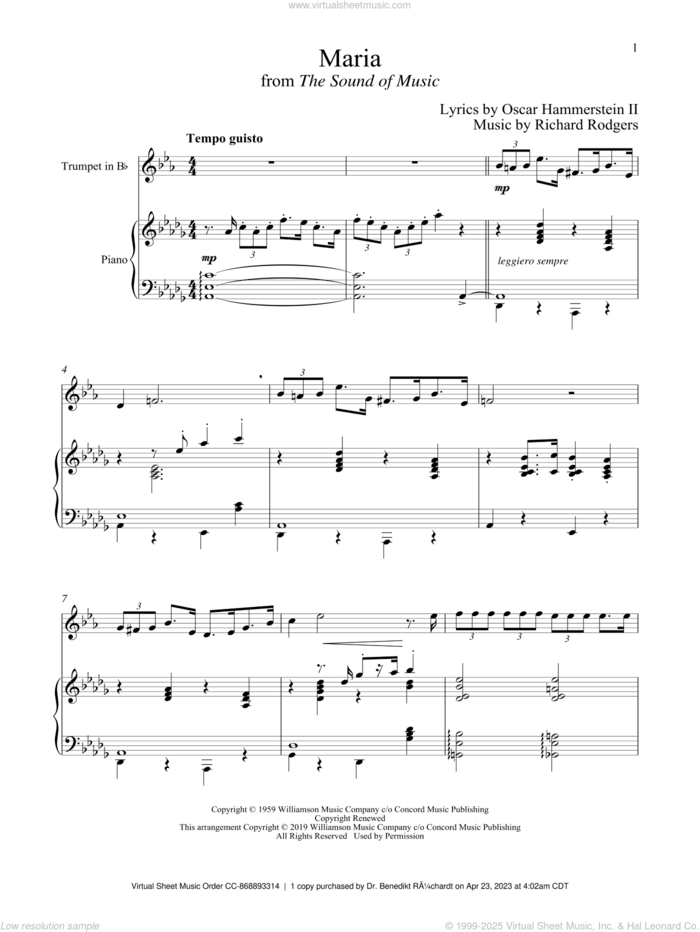 Maria (from The Sound of Music) sheet music for trumpet and piano by Richard Rodgers, Oscar II Hammerstein and Rodgers & Hammerstein, intermediate skill level