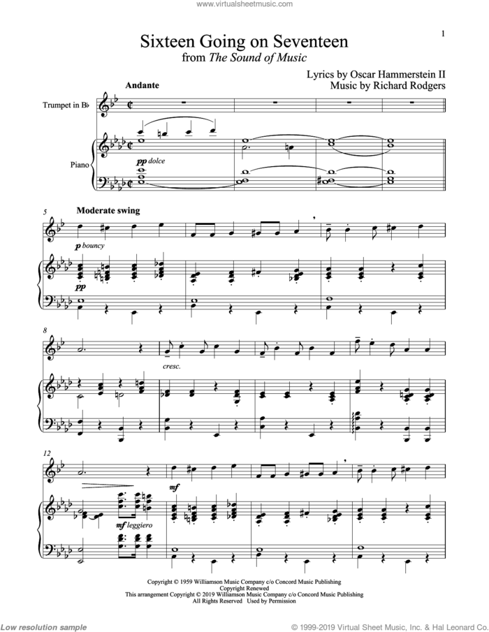 Sixteen Going On Seventeen (from The Sound of Music) sheet music for trumpet and piano by Richard Rodgers, Oscar II Hammerstein and Rodgers & Hammerstein, intermediate skill level