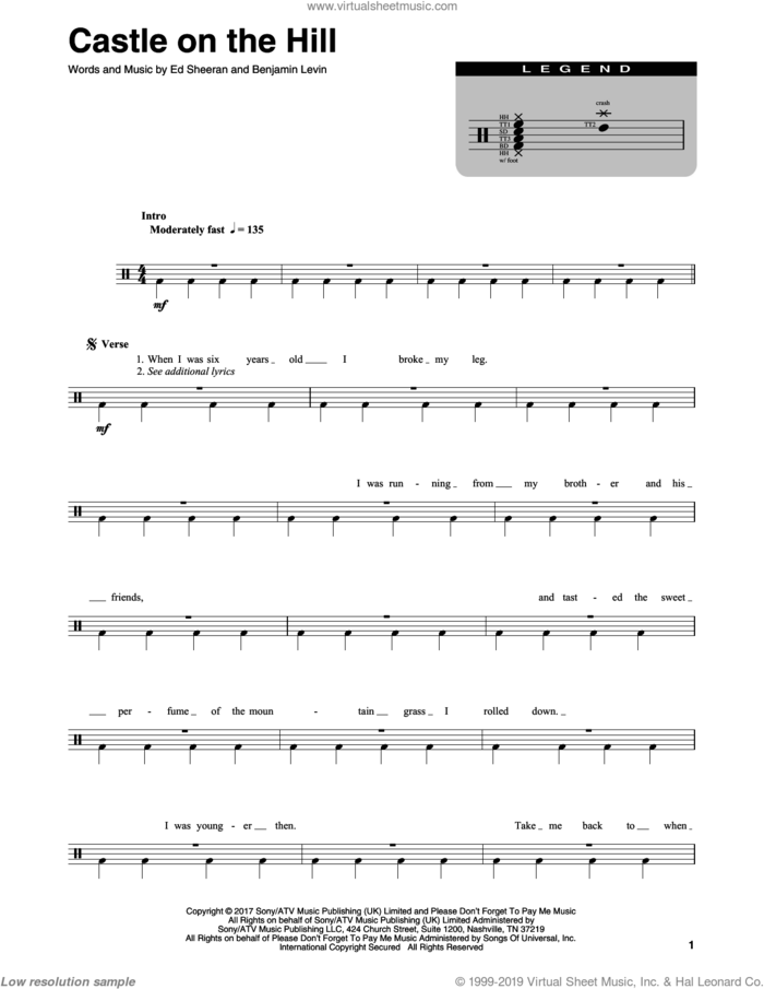 Castle On The Hill sheet music for drums by Ed Sheeran and Benjamin Levin, intermediate skill level