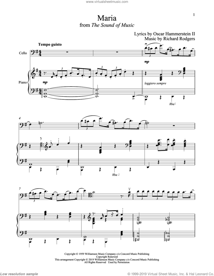 Maria (from The Sound of Music) sheet music for cello and piano by Richard Rodgers, Oscar II Hammerstein and Rodgers & Hammerstein, intermediate skill level
