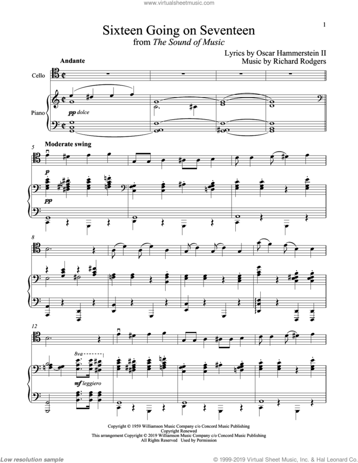 Sixteen Going On Seventeen (from The Sound of Music) sheet music for cello and piano by Richard Rodgers, Oscar II Hammerstein and Rodgers & Hammerstein, intermediate skill level