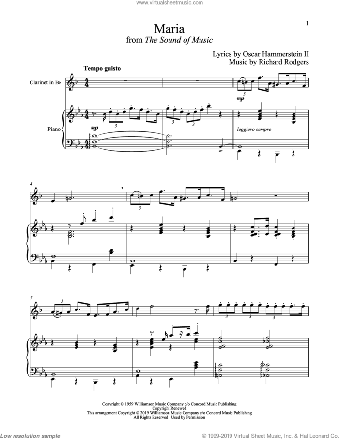 Maria (from The Sound of Music) sheet music for clarinet and piano by Richard Rodgers, Oscar II Hammerstein and Rodgers & Hammerstein, intermediate skill level