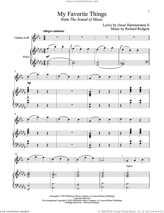 My Favorite Things (from The Sound of Music) sheet music for clarinet and piano by Richard Rodgers, Oscar II Hammerstein and Rodgers & Hammerstein, intermediate skill level