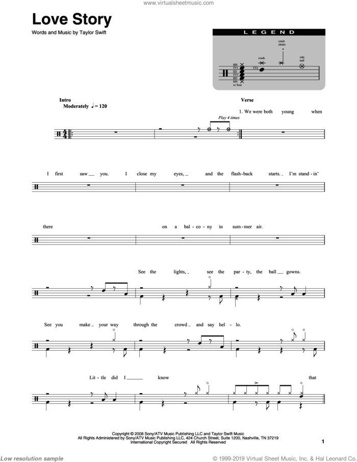 Love Story sheet music for drums by Taylor Swift, intermediate skill level