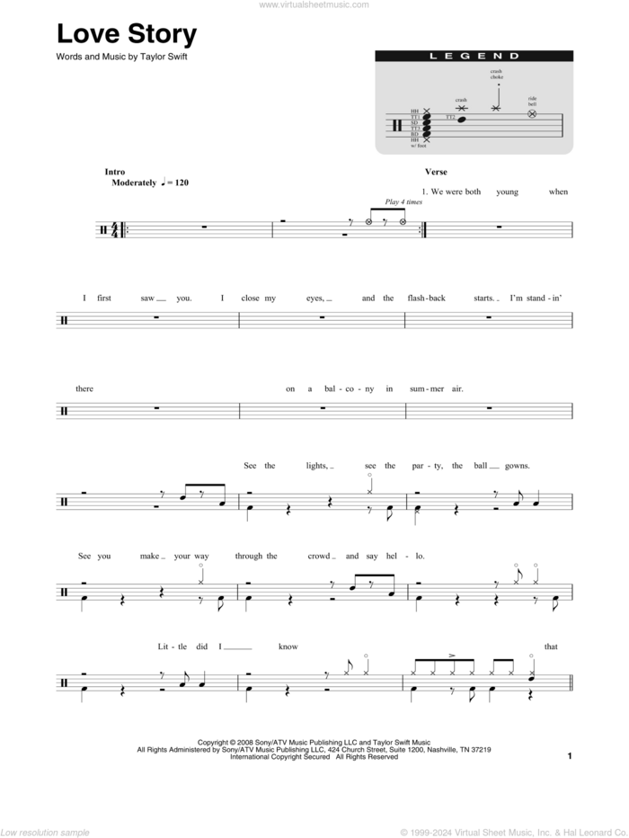 Love Story sheet music for drums by Taylor Swift, intermediate skill level