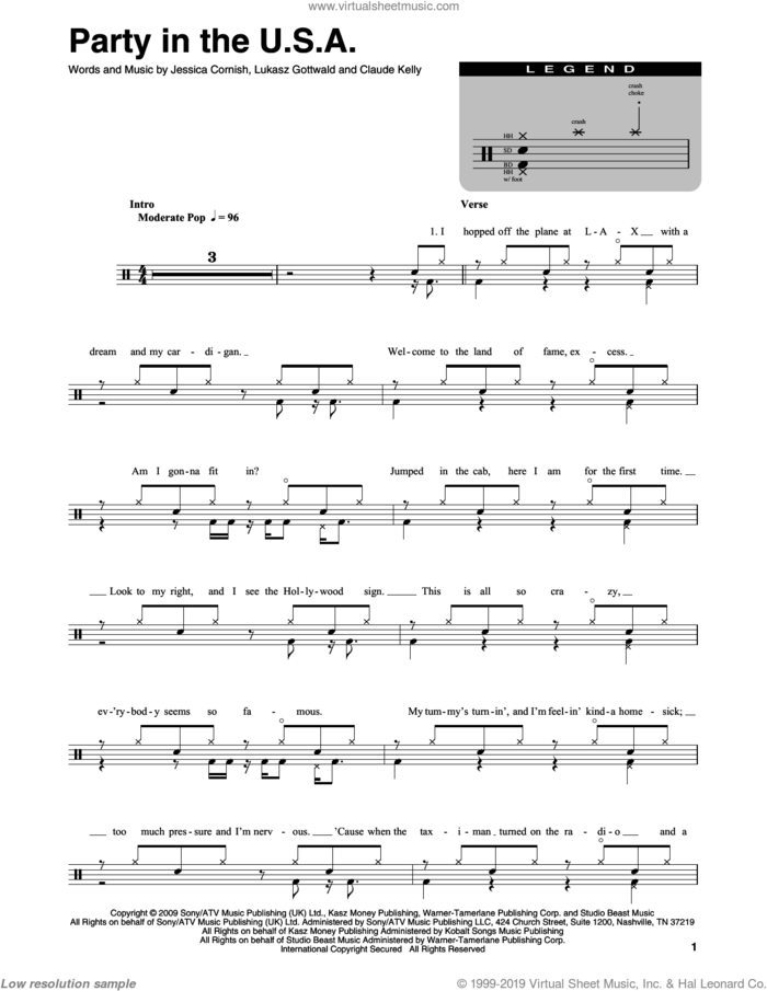 Party In The U.S.A. sheet music for drums by Miley Cyrus, Claude Kelly, Jessica Cornish and Lukasz Gottwald, intermediate skill level