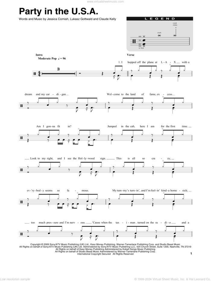 Party In The U.S.A. sheet music for drums by Miley Cyrus, Claude Kelly, Jessica Cornish and Lukasz Gottwald, intermediate skill level