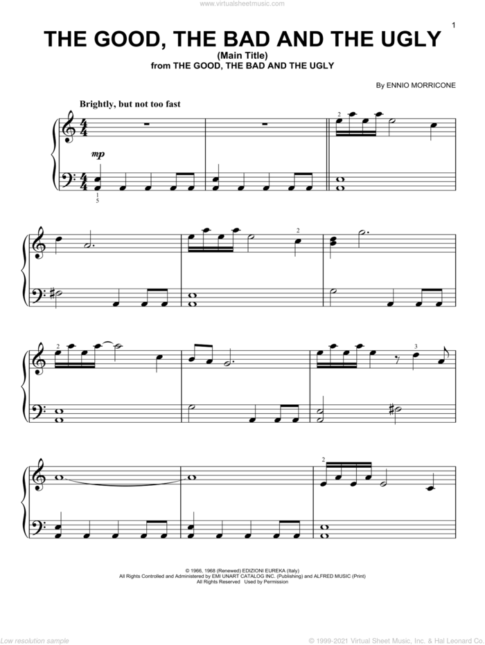 The Good, The Bad And The Ugly (Main Title), (beginner) sheet music for piano solo by Ennio Morricone, classical score, beginner skill level