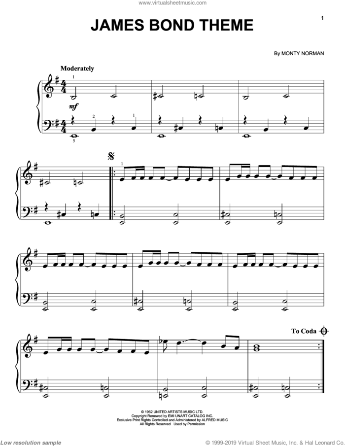 James Bond Theme sheet music for piano solo by Monty Norman, beginner skill level