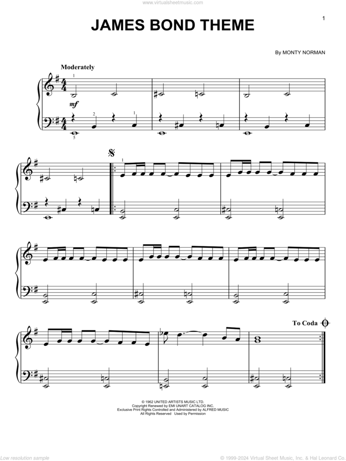 James Bond Theme, (beginner) sheet music for piano solo by Monty Norman, beginner skill level