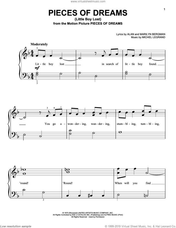 Pieces Of Dreams (Little Boy Lost) sheet music for piano solo by Alan Bergman, Marilyn Bergman and Michel LeGrand, beginner skill level