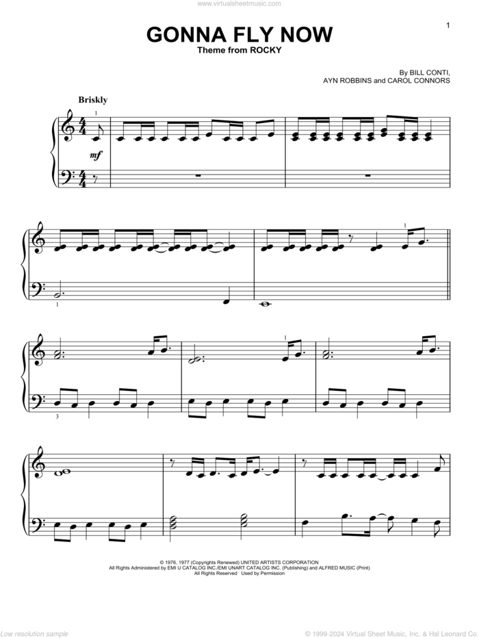 Gonna Fly Now (Theme from Rocky), (beginner) sheet music for piano solo by Bill Conti, Ayn Robbins and Carol Connors, beginner skill level