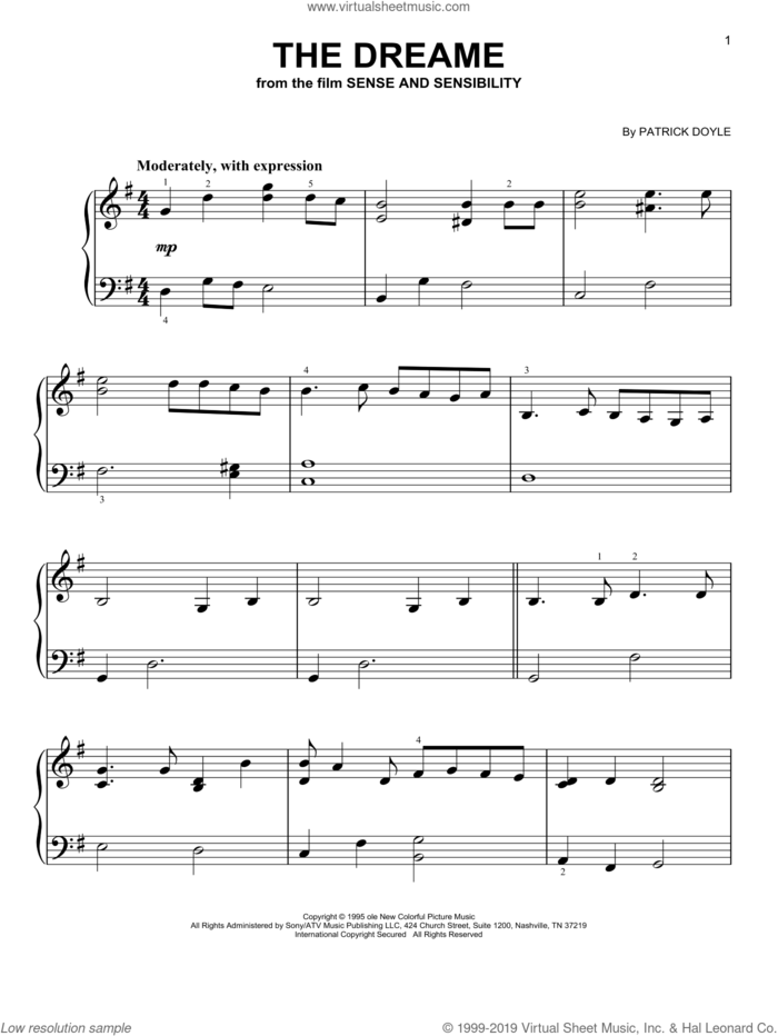 The Dreame (from Sense and Sensibility) sheet music for piano solo by Patrick Doyle, beginner skill level