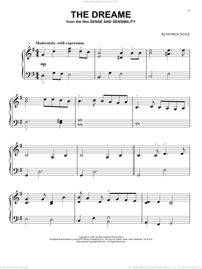 The Dreame (from Sense and Sensibility) sheet music for piano solo by Patrick Doyle, beginner skill level