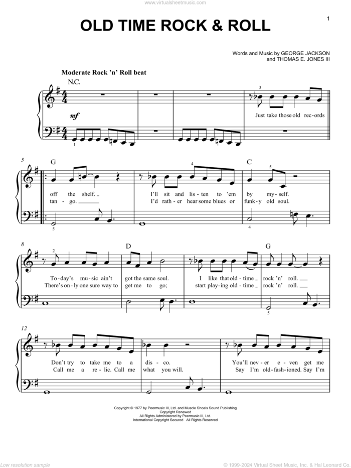 Old Time Rock and Roll (from Risky Business) sheet music for piano solo by Bob Seger, George Jackson and Tom Jones, beginner skill level