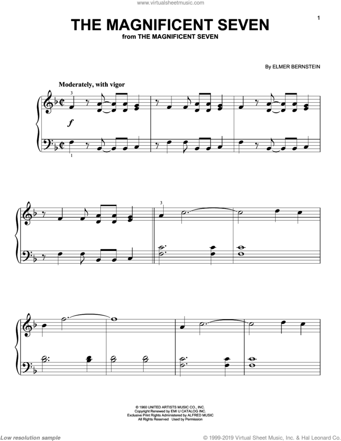 The Magnificent Seven, (beginner) sheet music for piano solo by Elmer Bernstein, classical score, beginner skill level