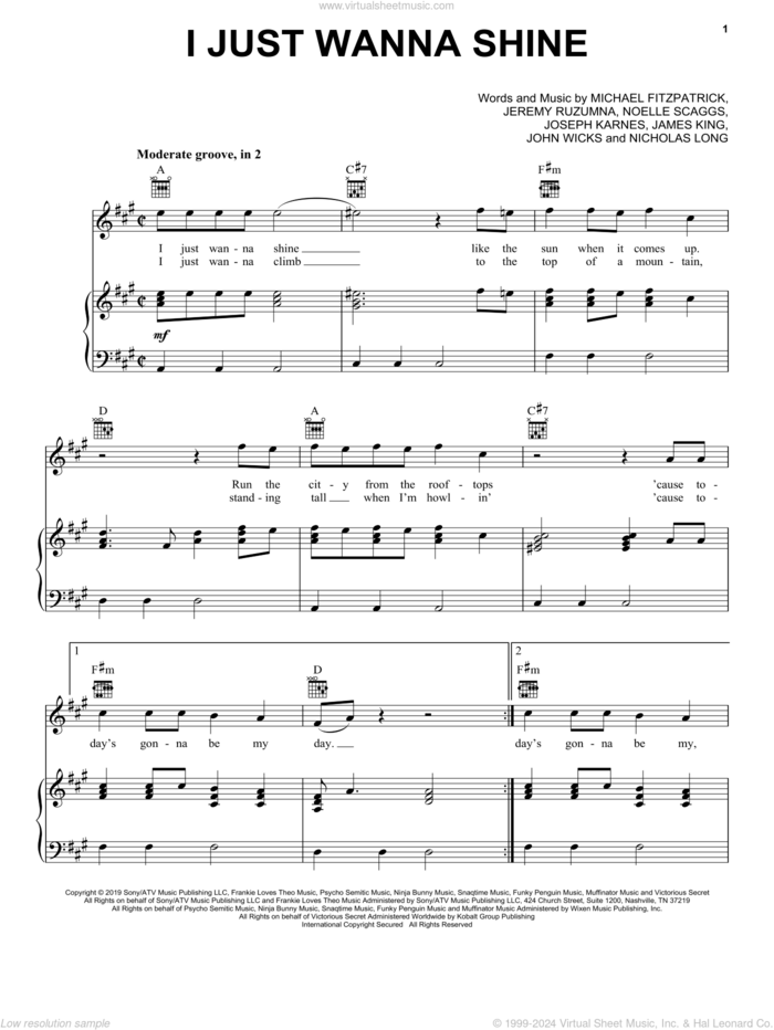 I Just Wanna Shine sheet music for voice, piano or guitar by Fitz And The Tantrums, James King, Jeremy Ruzumna, John Wicks, Joseph Karnes, Michael Fitzpatrick, Nicholas Long and Noelle Scaggs, intermediate skill level